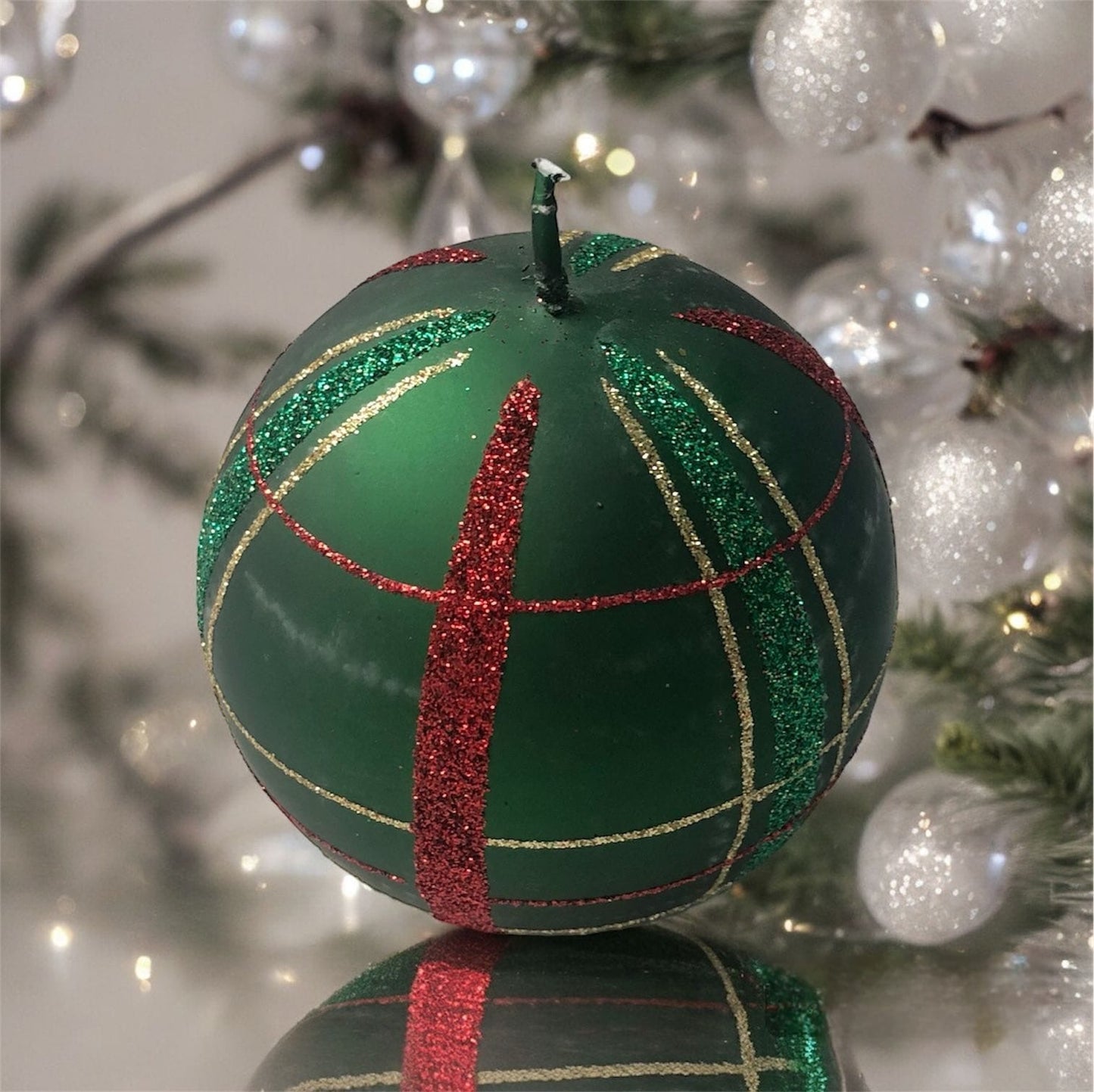 Bauble Candle - Green with Gold & Red Glitter