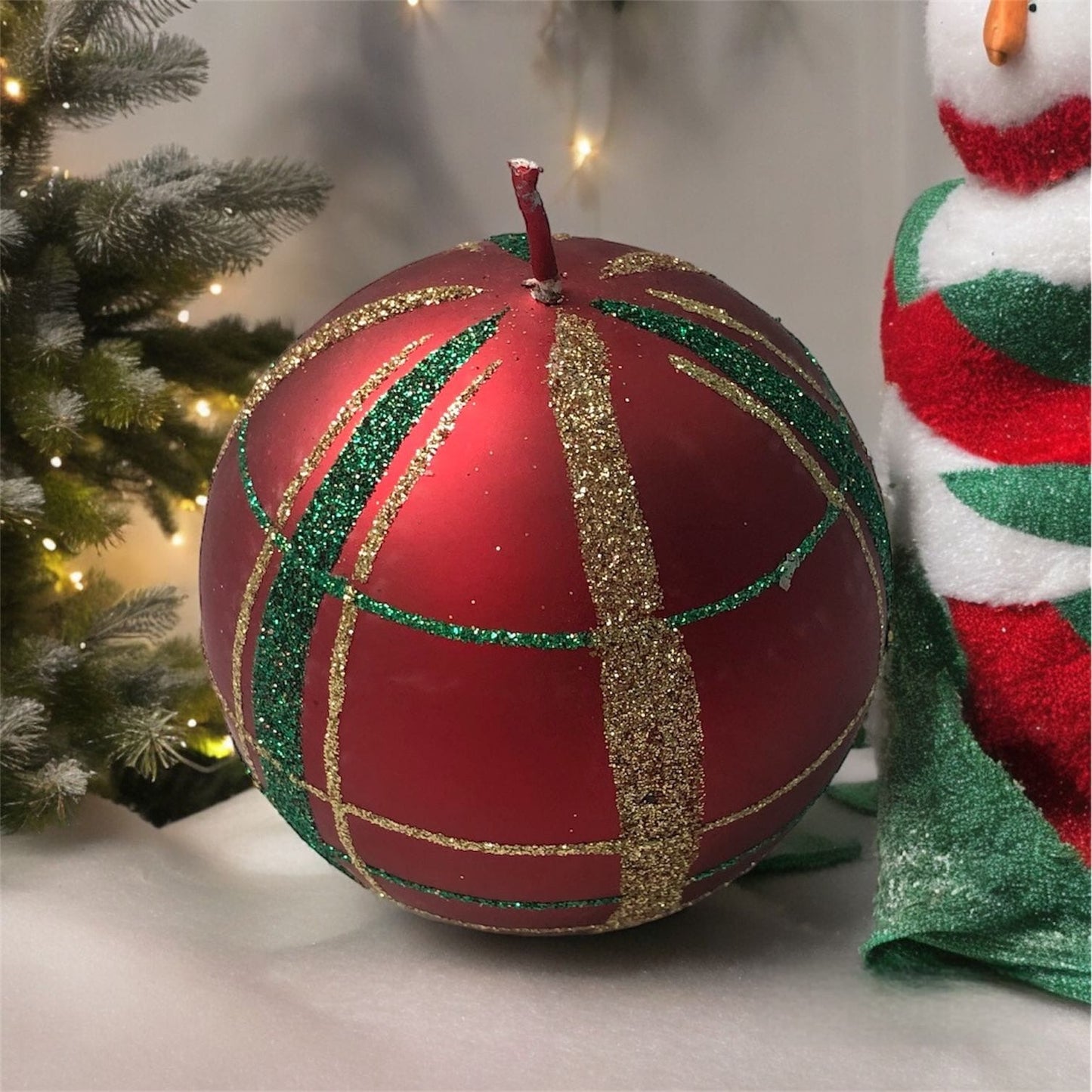 Bauble Candle - Red with Green & Gold Glitter